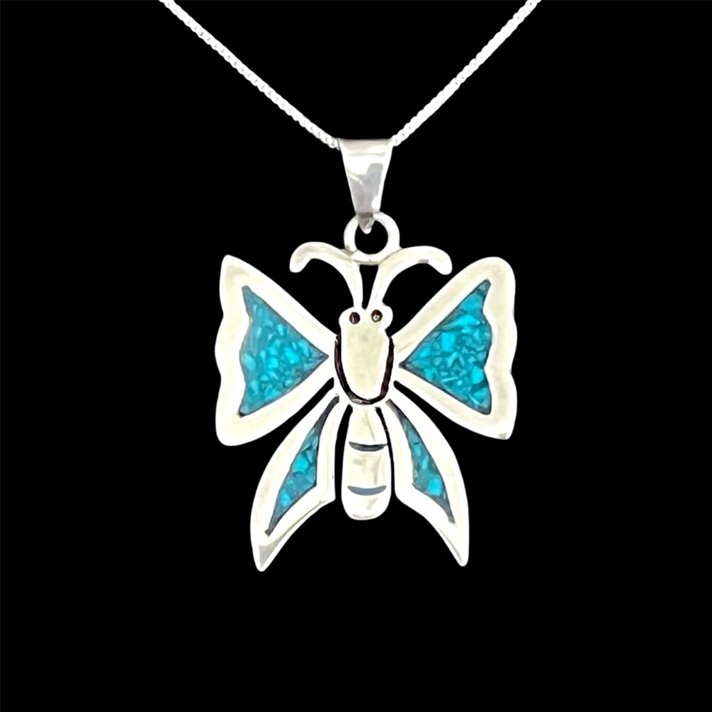 🔴SALE🔴 Vintage Taxco Mexico Sterling silver & turquoise inlay butterfly pendant